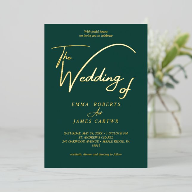 Elegant Gold Foil Calligraphy | Emerald Wedding  (Standing Front)