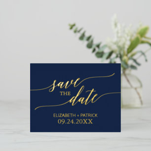 Elegant Gold Foil Calligraphy Navy Save the Date Invitation Postcard