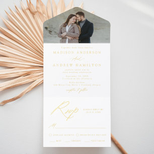 Elegant Gold Foil Calligraphy Photo Wedding All In One Invitation