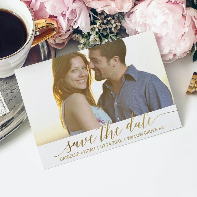 Elegant Gold Foil Calligraphy Save the Date Photo Announcement Postcard (Creator Uploaded)