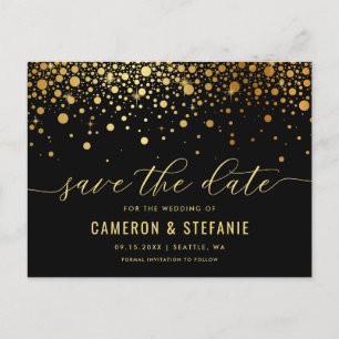 Elegant Gold Foil Confetti Black Save the Date Postcard