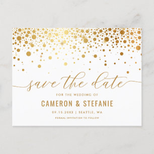 Elegant Gold Foil Confetti White Save the Date Postcard