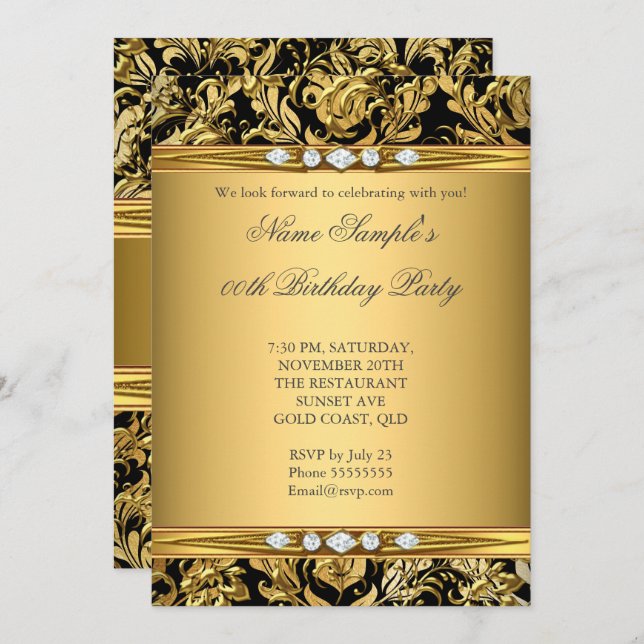 Elegant Gold Foil Damask Black Diamond Birthday Invitation (Front/Back)