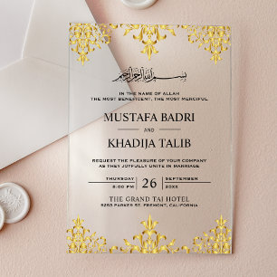 Elegant Gold Foil Damask Islamic Wedding Acrylic Invitations