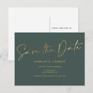 Elegant gold foil dark green wedding save the date announcement postcard