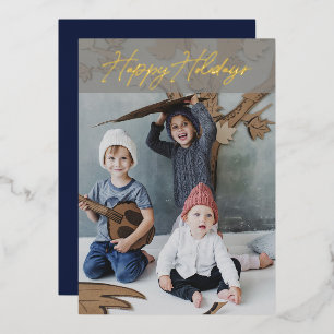Elegant Gold Foil Deep Navy Happy Holidays Photo