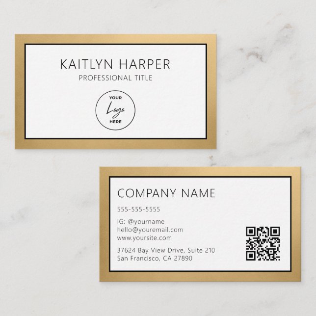 Elegant Gold Foil Edged Logo QR Code Business Card (Front/Back)