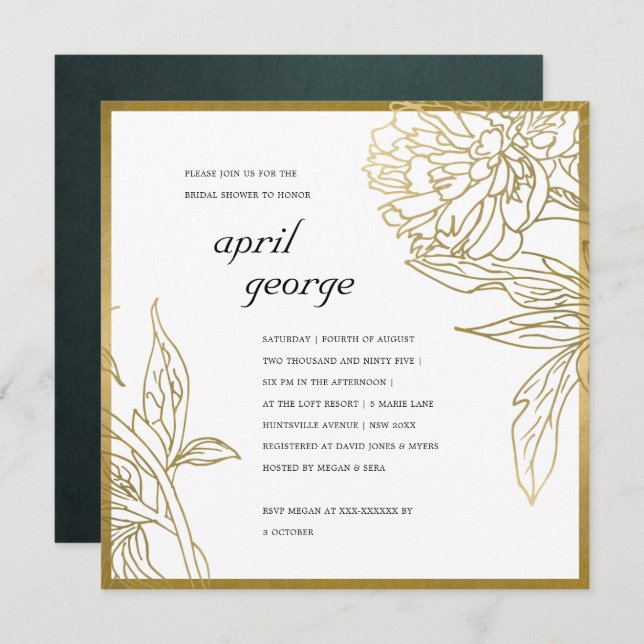  ELEGANT GOLD FOIL FLORAL BRIDAL SHOWER INVITE (Front/Back)