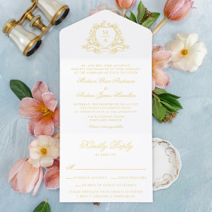 Elegant Gold Foil Floral Crest Monogram Wedding All In One Invitation