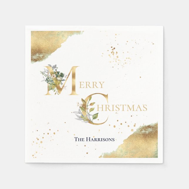 Elegant Gold Foil Floral Glitter Merry Christmas Napkin (Front)