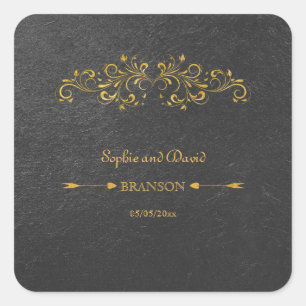 Elegant Gold Foil Flourish Black Wedding Square Sticker