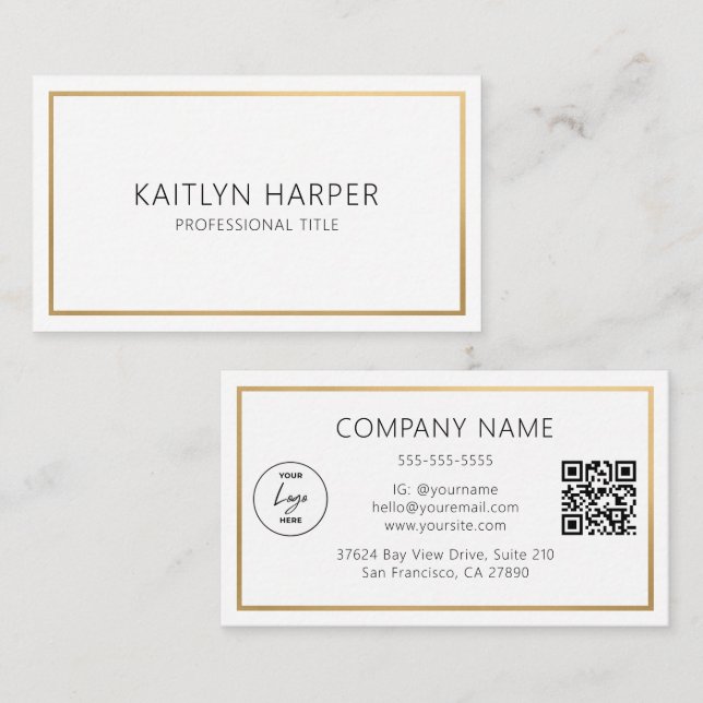 Elegant Gold Foil Frame Minimal Logo QR Code Business Card (Front/Back)