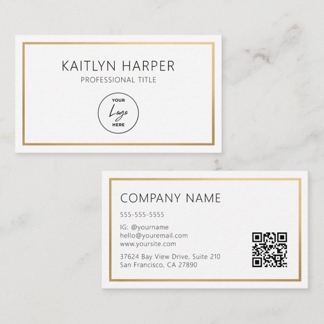 Elegant Gold Foil Frame Minimal Logo QR Code Business Card (Front/Back)