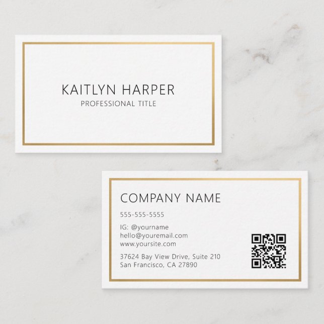 Elegant Gold Foil Frame Minimal QR Code Business Card (Front/Back)