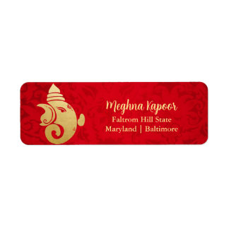 Elegant Gold Foil Ganapati Indian God Red Damask