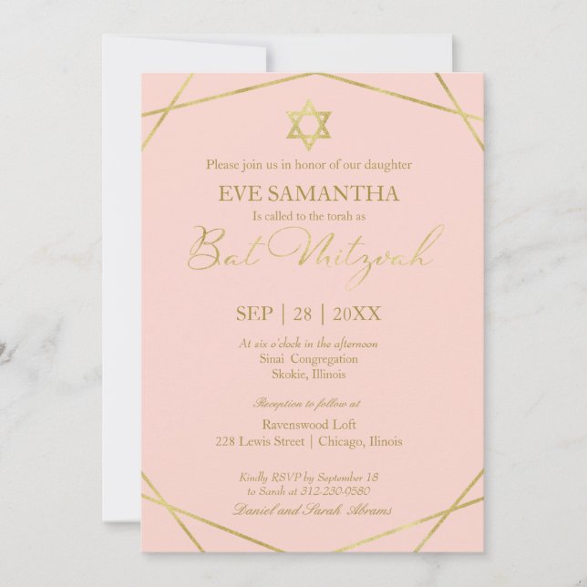 Elegant Gold Foil Geometric Bat Mitzvah Invitation (Front)