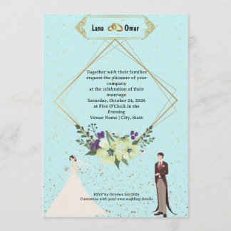 Elegant Gold Foil Geometric Dusty Blue Wedding Invitation