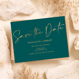 Elegant gold foil green wedding save the date announcement postcard