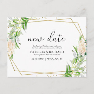 Elegant Gold Foil Greenery Wedding New Date Postcard