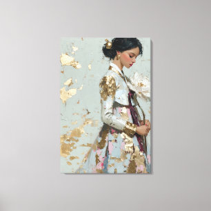 Elegant Gold Foil Hanbok and White Lotus Canvas Ar Print