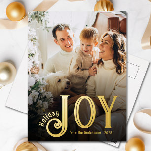 Elegant Gold Foil Joy Photo Holiday Postcard
