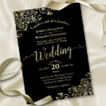 Elegant Gold Foil Lace on Black Classy Wedding<br><div class="desc">This beautiful wedding invitation features real foil printing on a classic black background. The beautiful design has lacy script calligraphy with floral lace filigree in the corners. Stylish,  elegant,  sophisticated,  and chic,  this invitation is fancy and glam. The black and gold design is perfect for an evening ceremony.</div>