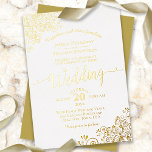Elegant Gold Foil Lace on Classic White Wedding<br><div class="desc">This beautiful wedding invitation features real foil printing on a classic white background. The beautiful design has lacy script calligraphy with floral lace filigree in the corners. Stylish, elegant, sophisticated, and chic, this invitation is fancy and glam. Wonderful and classy way to invite your friends and family to share in...</div>