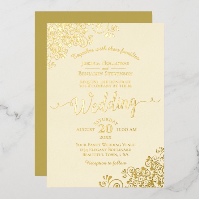 Elegant Gold Foil Lace on Ivory Cream Wedding (Front/Back)