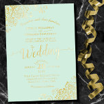 Elegant Gold Foil Lace on Pale Mint Green Wedding<br><div class="desc">This beautiful wedding invitation features real foil printing on a pale neo mint green coloured background. The beautiful design has lacy script calligraphy with floral lace filigree in the corners. Stylish, elegant, sophisticated, and chic, this invitation is fancy and glam. Wonderful and classy way to invite your friends and family...</div>
