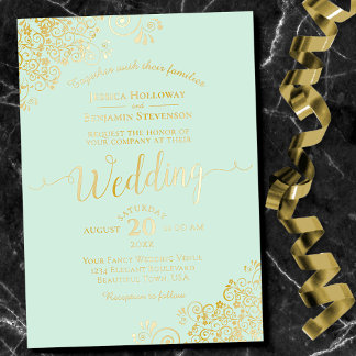 Elegant Gold Foil Lace on Pale Mint Green Wedding
