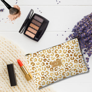 Elegant Gold Foil Leopard Print White Monogrammed Accessory Pouch