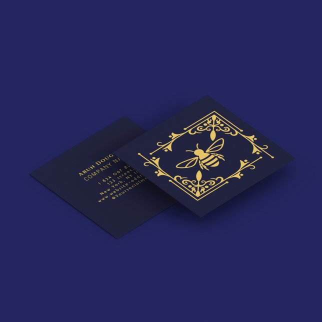 Elegant Gold Foil Logo Bee On Navy Blue  Square Business Card (Creator Uploaded)