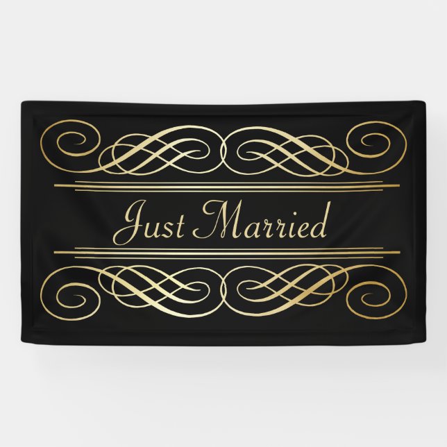 Elegant Gold Foil Look Scrollwork Script on Black Banner (Horizontal)