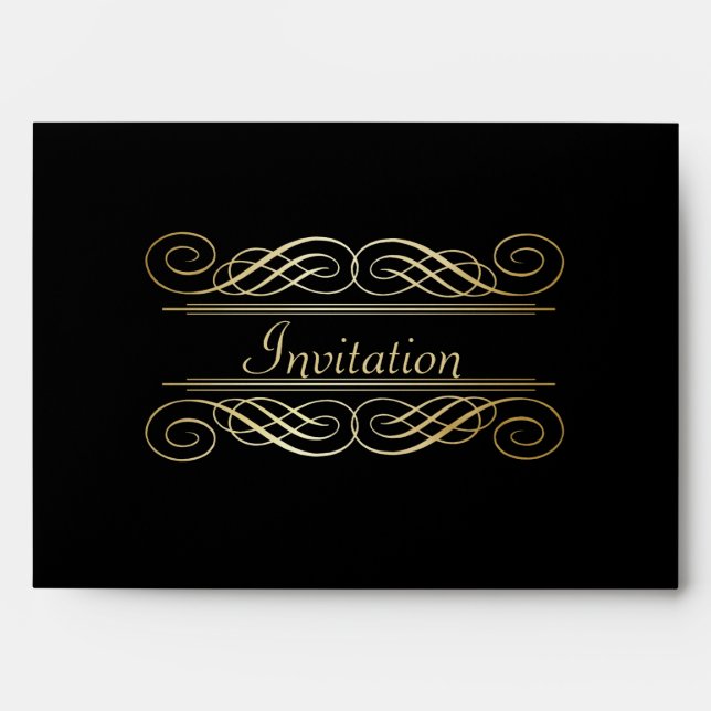 Elegant Gold Foil Look Scrollwork Script on Black Envelope (Front)