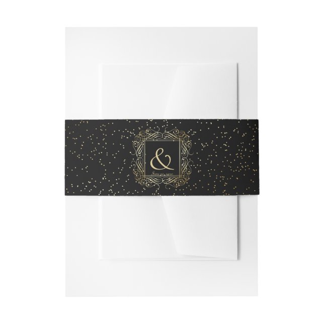 Elegant Gold Foil Look Scrollwork Script on Black Invitation Belly Band (Front Example)