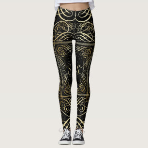 Elegant Gold Foil Look Scrollwork Script on Black Leggings