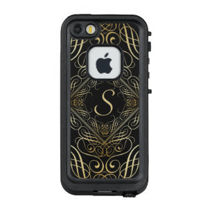 Elegant Gold Foil Look Scrollwork Script on Black LifeProof FRÄ’ iPhone SE/5/5s Case