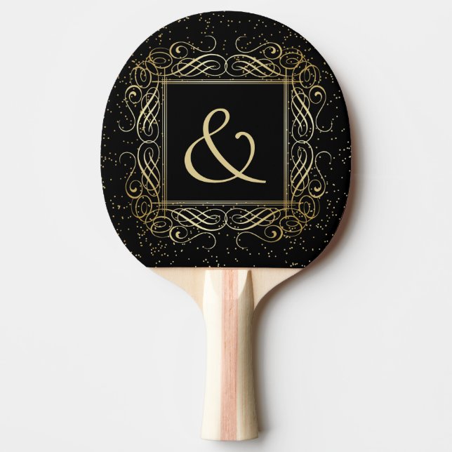 Elegant Gold Foil Look Scrollwork Script on Black Ping Pong Paddle (Front)