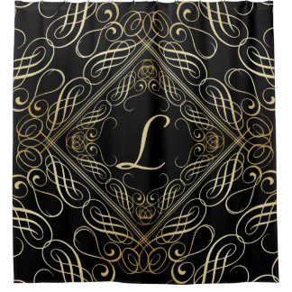 Elegant Gold Foil Look Scrollwork Script on Black Shower Curtain