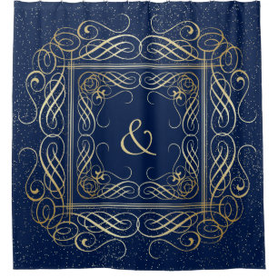 Elegant Gold Foil Look Scrollwork Script on Navy Shower Curtain