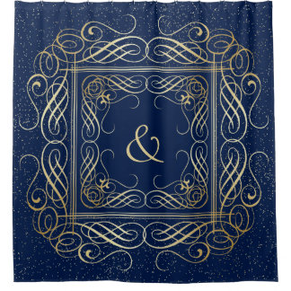 Elegant Gold Foil Look Scrollwork Script on Navy Shower Curtain