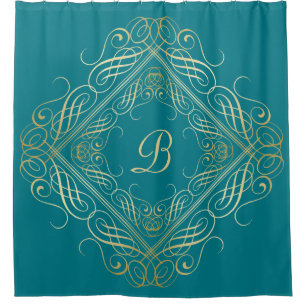 Elegant Gold Foil Look Scrollwork Script on Teal Shower Curtain