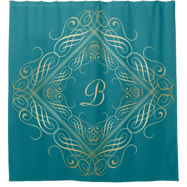 Elegant Gold Foil Look Scrollwork Script on Teal Shower Curtain (Front)
