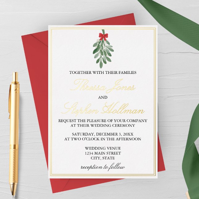 Elegant Gold Foil Mistletoe Wedding Invitation (Creator Uploaded)