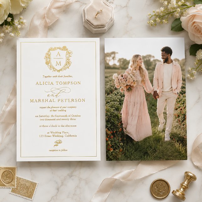 Elegant Gold Foil Monogram Crest Photo Wedding (Elegant Gold Foil Monogram Crest Photo Wedding Invitation)