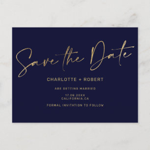 Elegant gold foil navy blue wedding save the date announcement postcard