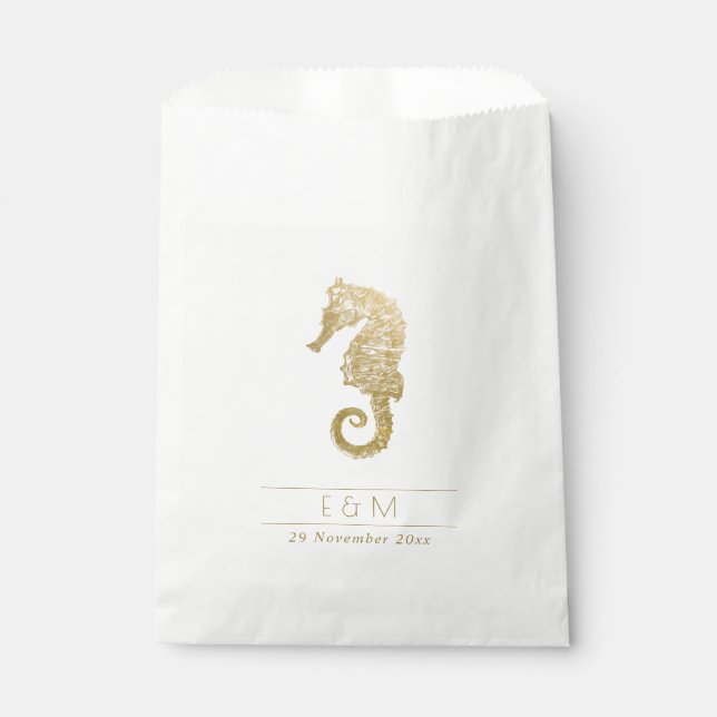 ELEGANT GOLD FOIL NAVY SEAHORSE MONOGRAM WEDDING  FAVOUR BAGS (Front)