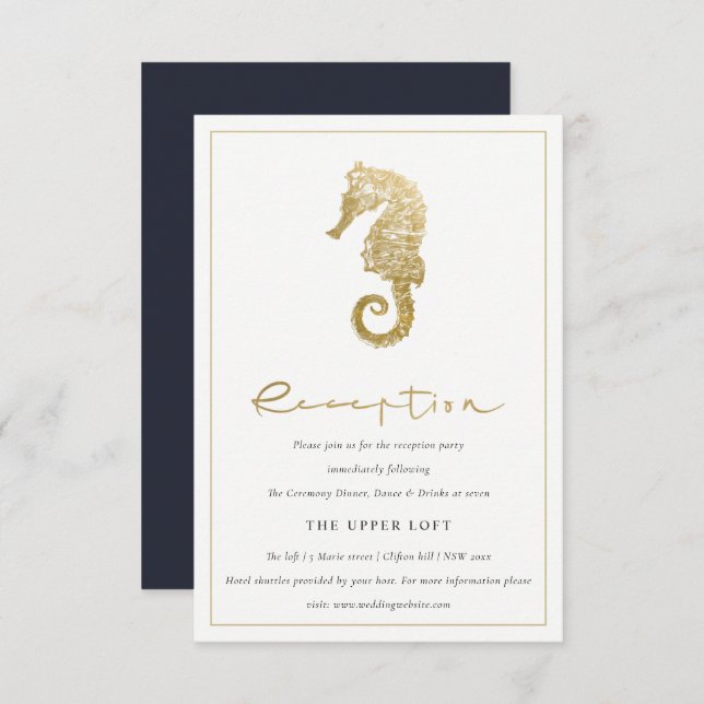 ELEGANT GOLD FOIL NAVY SEAHORSE WEDDING RECEPTION ENCLOSURE CARD (Front/Back)