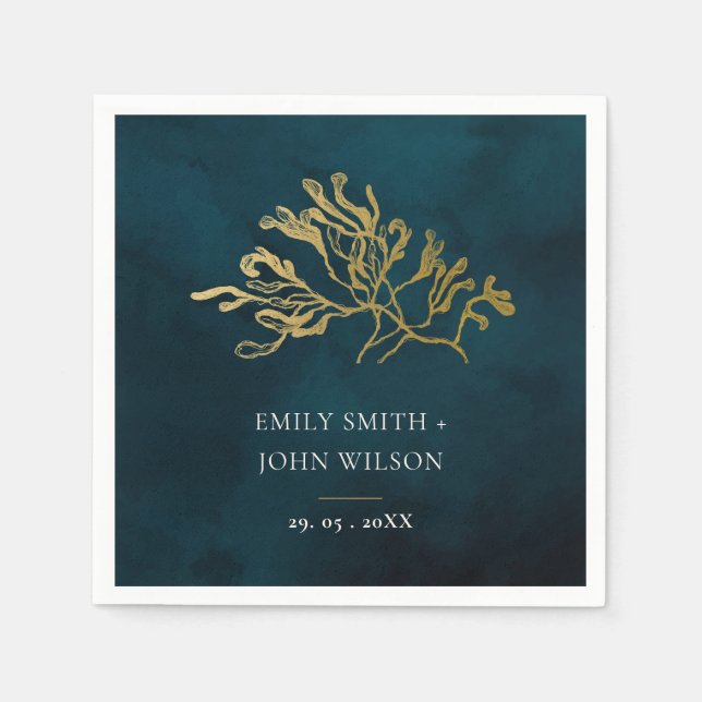 ELEGANT GOLD FOIL NAVY UNDERWATER SEAWEED WEDDING NAPKIN (Front)