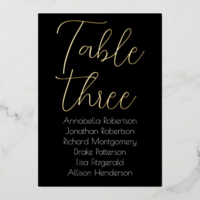 Elegant Gold Foil on Black Wedding Table Number (Front)